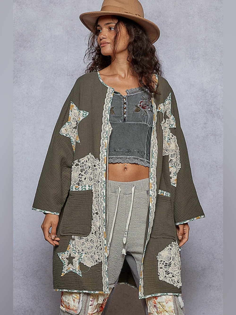 POL Star patchwork kimono crochet pocket Olive sage gray Patchwork Jacket